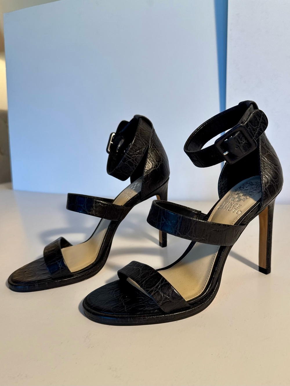 Vince Camuto Black Croc-Embossed Ankle-Strap 4” Stiletto Sandals